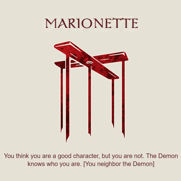 Marionette: You think you are a good character, but you are not. The Demon knows who you are. [You neighbor the Demon]